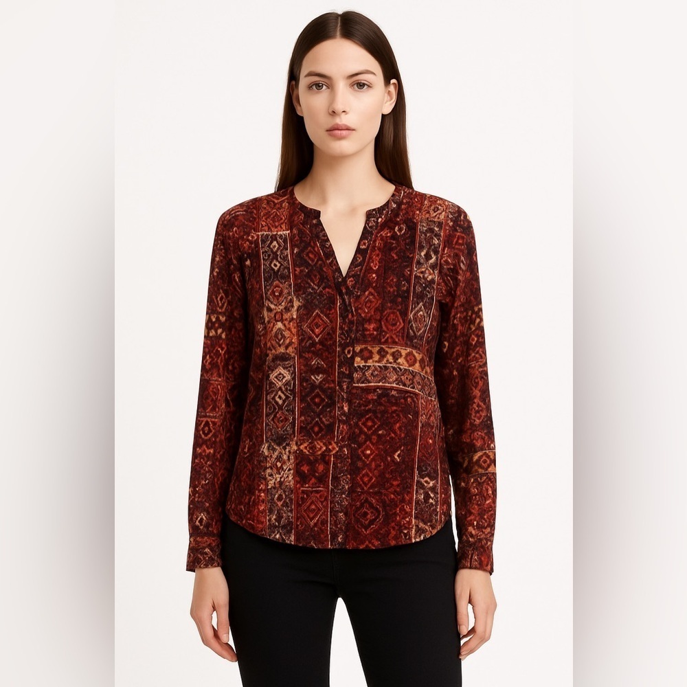 Anthropologie Sanctuary Long Sleeve Button Front Abstract Split V-Neck Blouse
